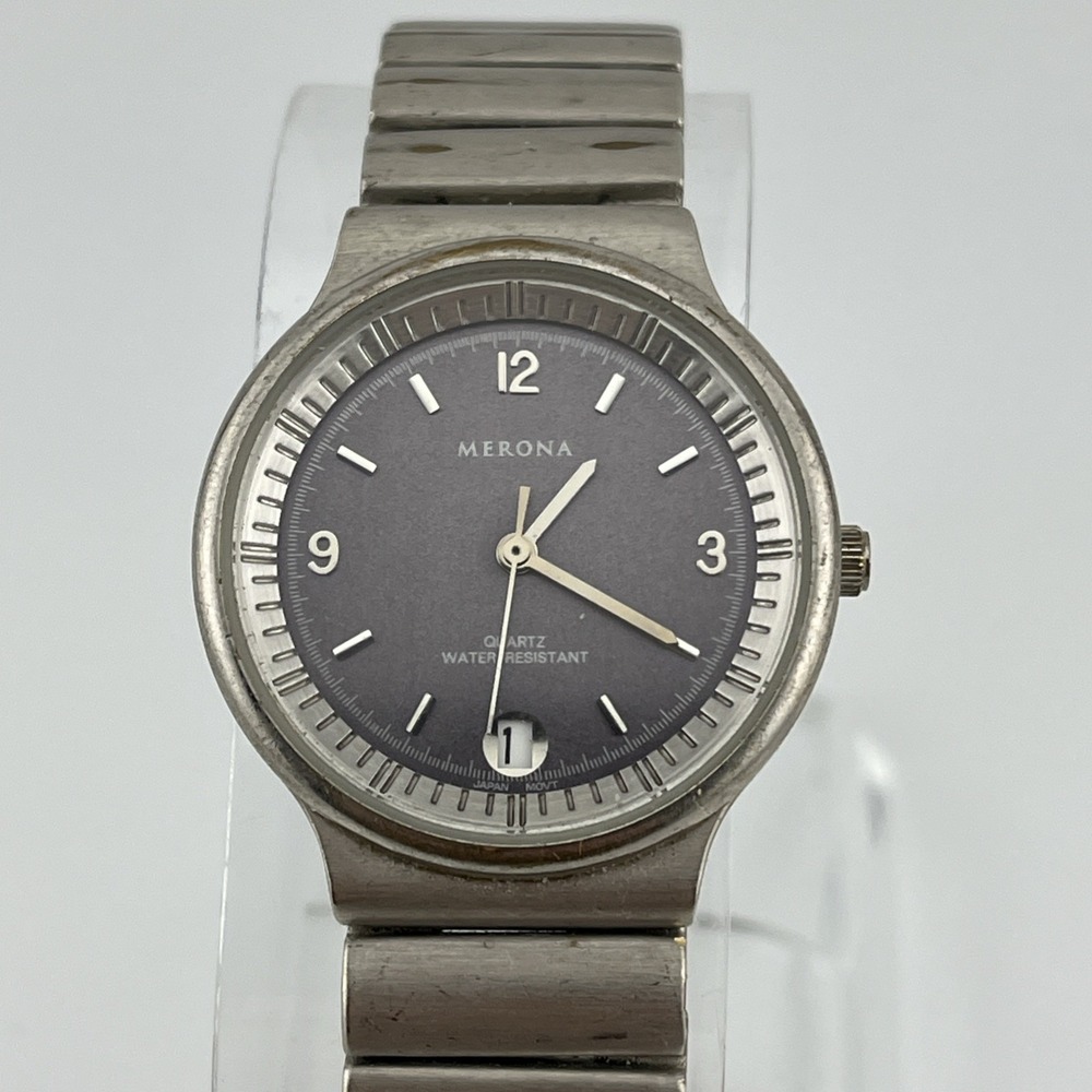 Merona‎ Watch Men 31mm Silver Case 7.25" Band Date- New Battery